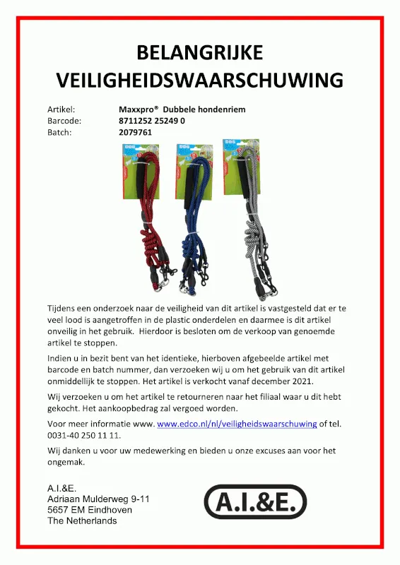 recall aie maxxpro dubbele hondenriem sep2023