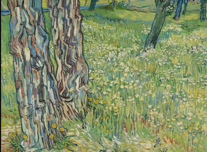 Kröller-Müller.Vincent van Gogh, Boomstammen in het gras, eind april 1890