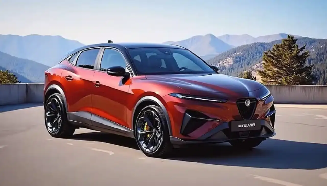 render nuova alfa romeo stelvio rossa in strada con sfondo sulle montagne
