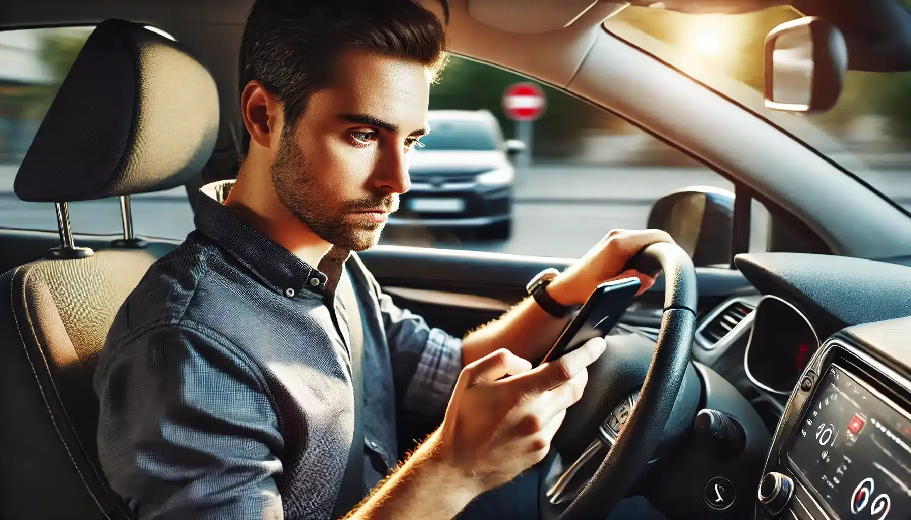 dalle 2024 11 25 085647 a front facing view of a car being driven by a man in his thirties who is using a smartphone while driving the man has a distracted expression focu