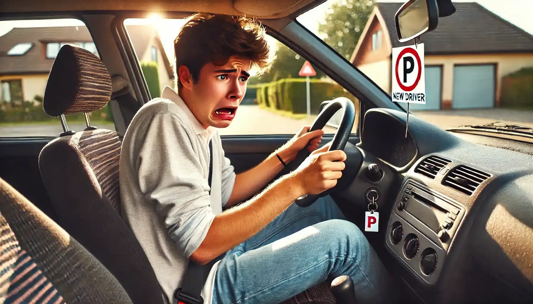 dalle 2024 11 27 115656 a young man in his late teens nervously sitting in the drivers seat of a compact car preparing to drive for the first time after getting his driver