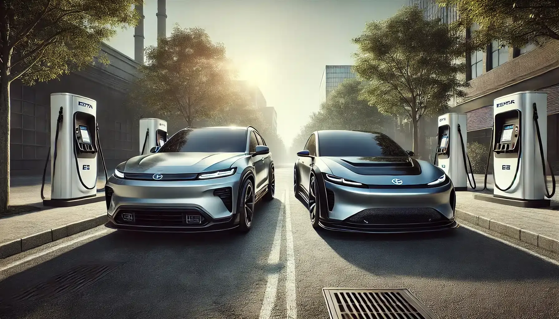 dalle 2025 01 22 161645 a detailed and realistic image featuring a gasoline powered car and an electric car positioned side by side both shown from a three quarter front vie