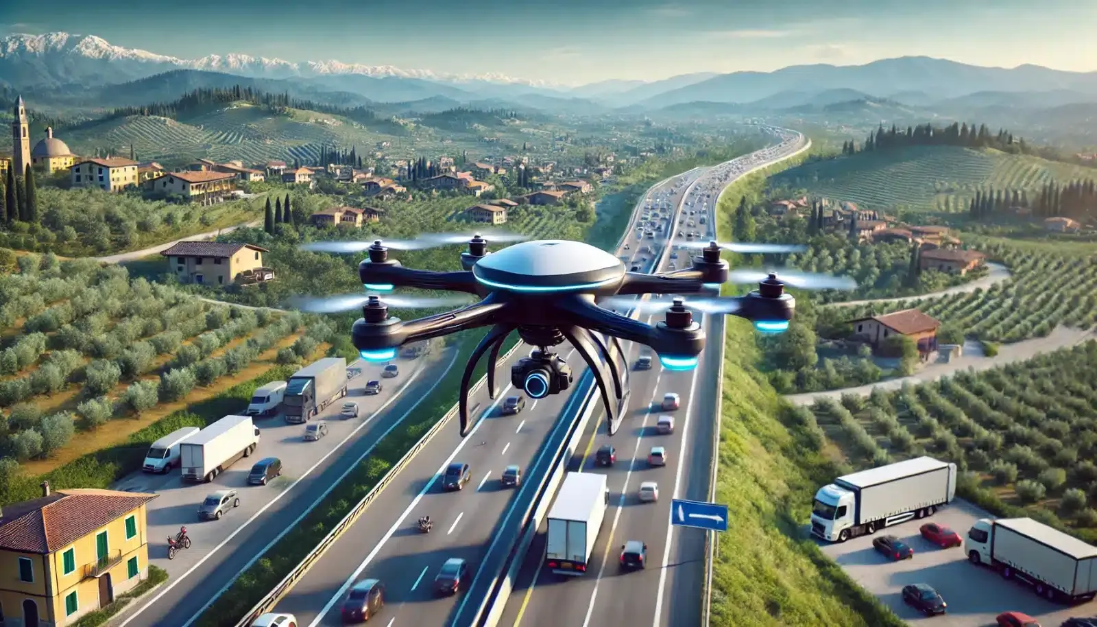 dalle 2025 01 24 124056 a futuristic drone monitoring traffic from above an italian highway during the daytime the drone is sleek and advanced featuring multiple sensors an 1