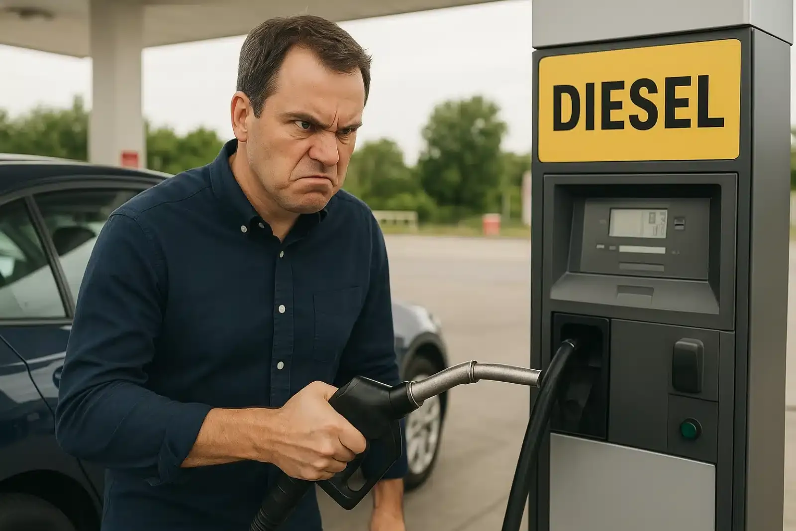 uomo frustrato alla pompa di carburante