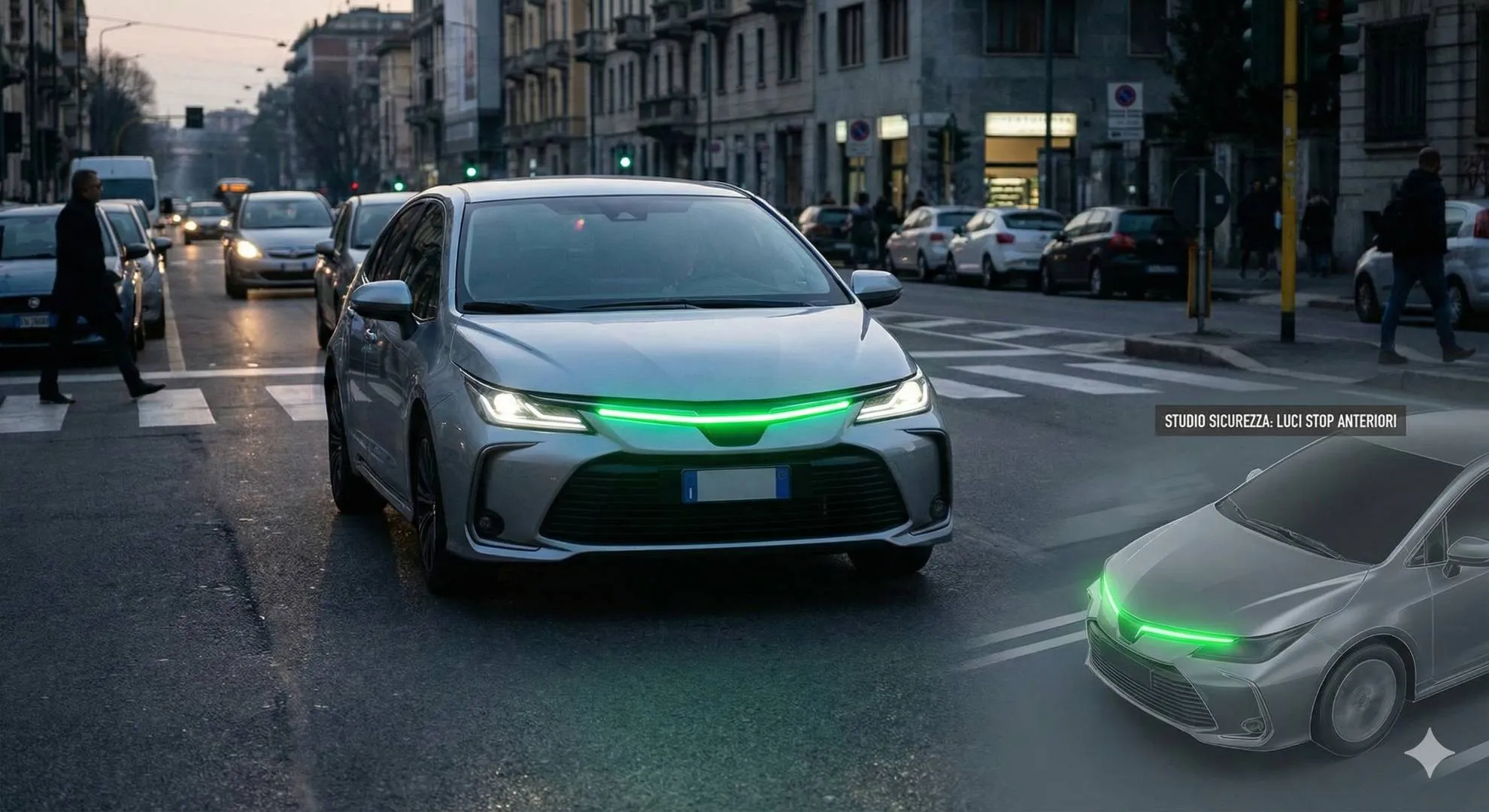 Fotografia di un'auto a un incrocio urbano al tramonto con una barra luminosa a LED verde orizzontale accesa sulla griglia anteriore, che segnala la frenata