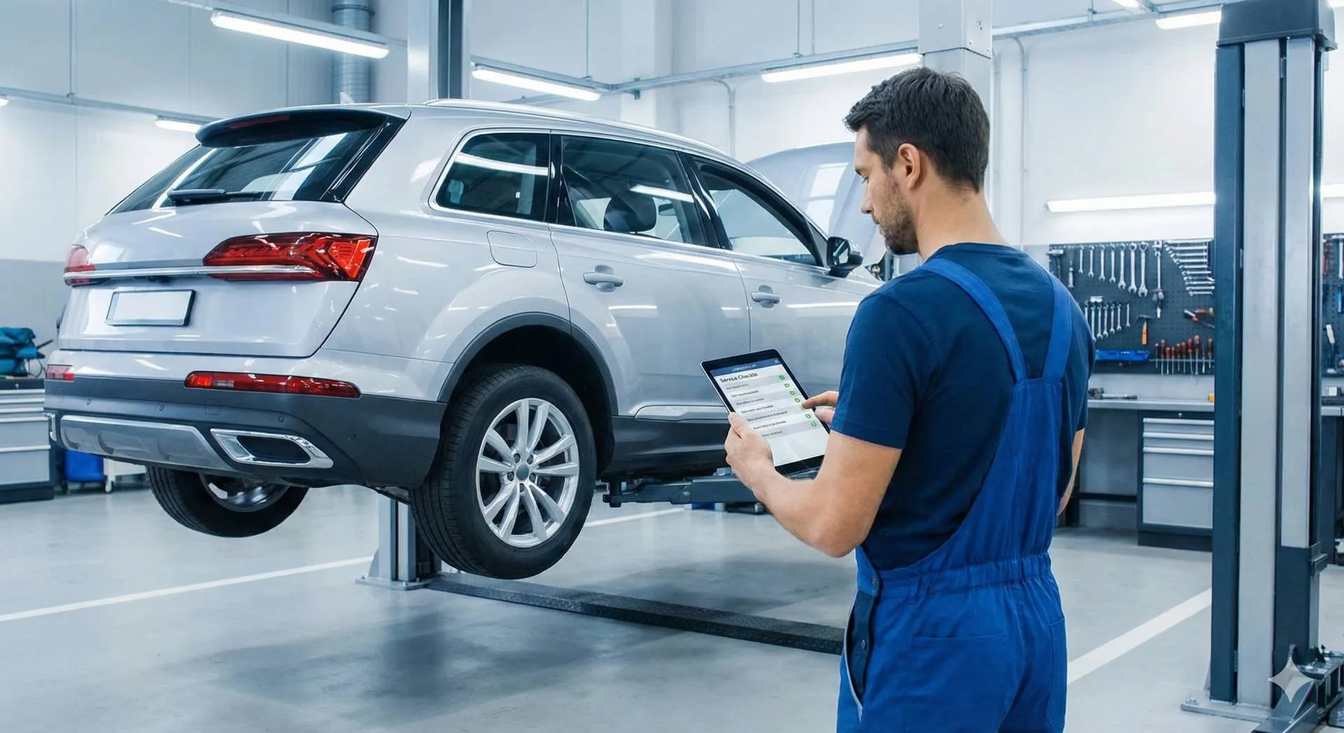 Meccanico in un'officina moderna controlla il preventivo del tagliando auto su un tablet, con un SUV sul ponte sollevatore