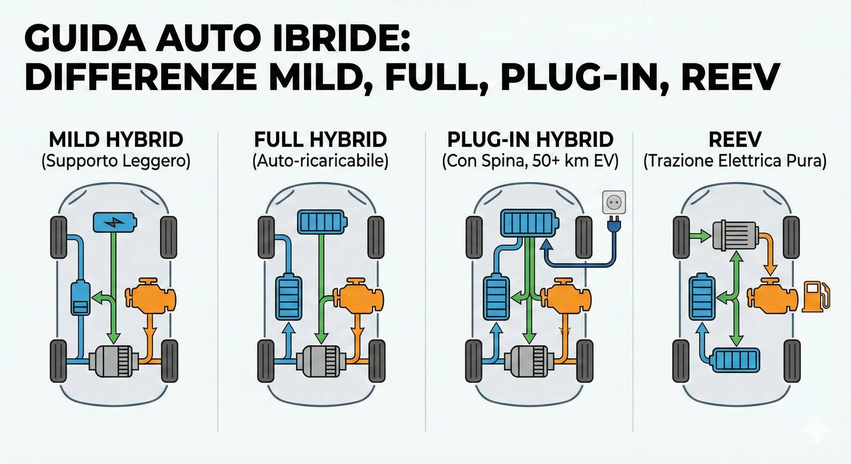 Infografica auto ibride che mostra le differenze tra ibrido mild, full, plug-in e range extender, con le immagini del funzionamento per ogni tipologia