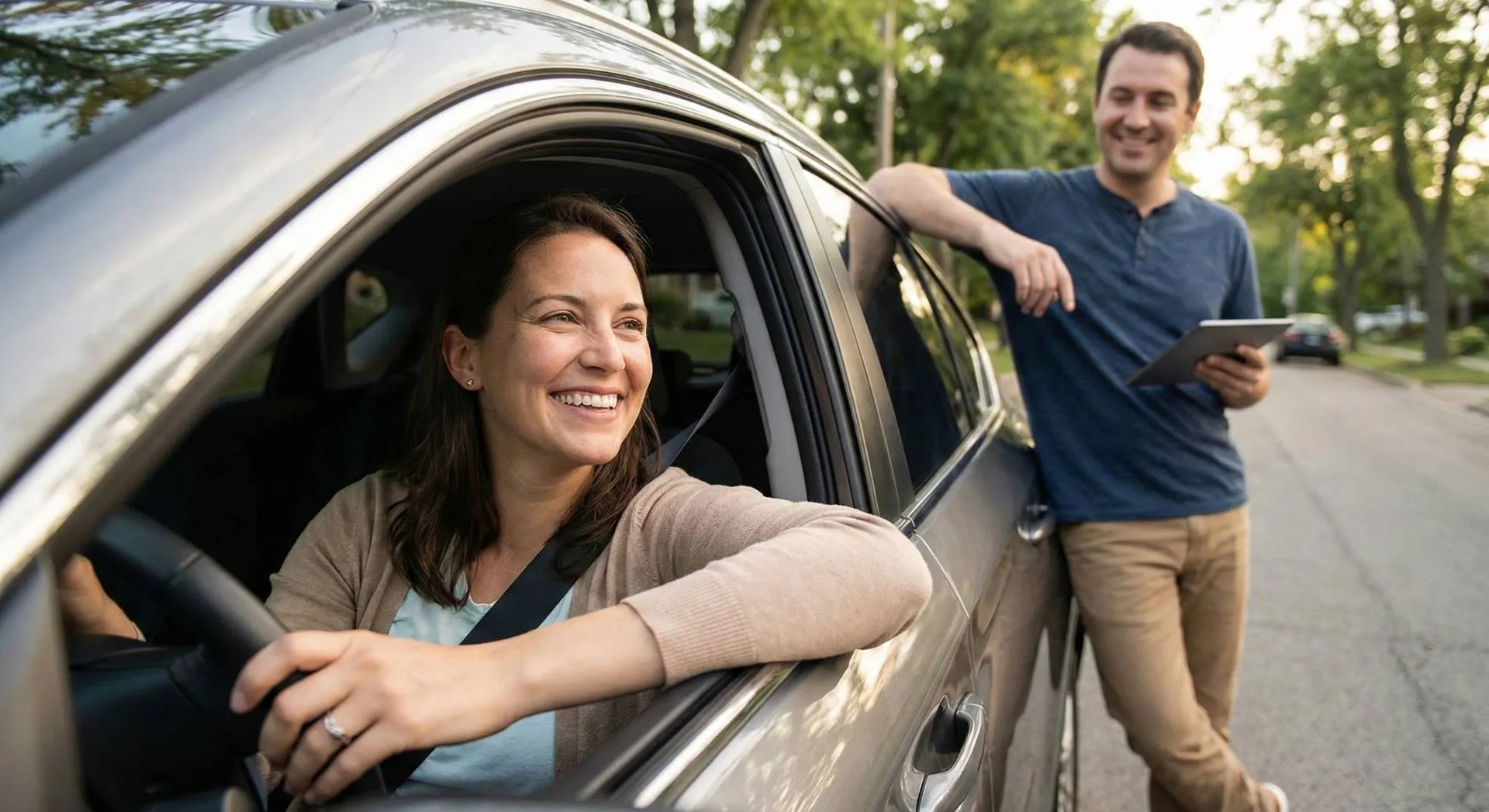 Donna che guida auto e uomo con tablet