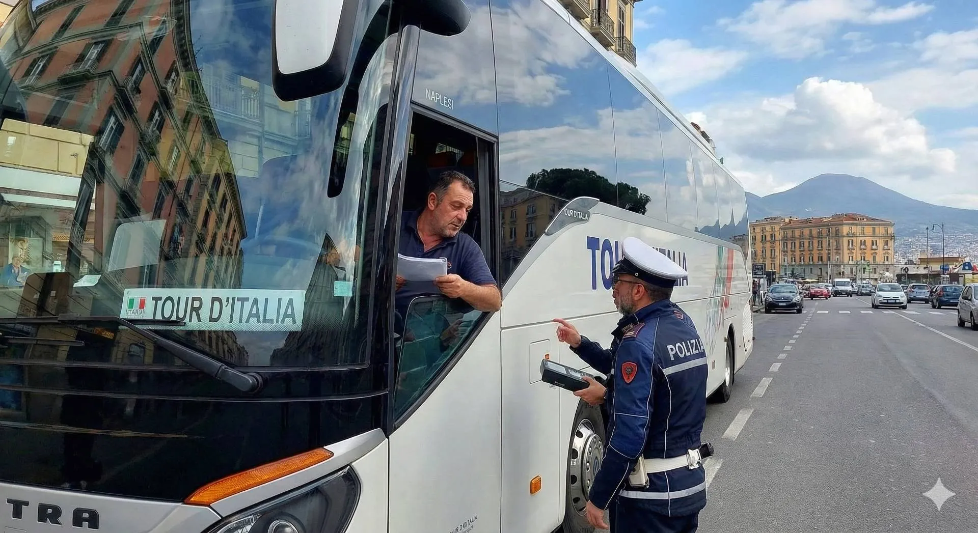 Un agente della Polizia Locale in uniforme controlla i documenti dell'autista di un autobus turistico bianco, fermo a lato di una strada trafficata a Napoli. Sullo sfondo sono visibili edifici storici e il Vesuvio sotto un cielo parzialmente nuvoloso.