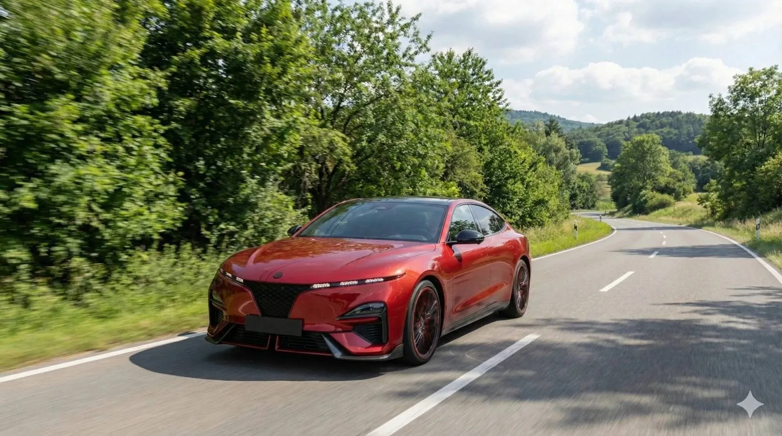 render alfa romeo giulia 2028, auto rossa berlina che percorre strada con alberi affianco