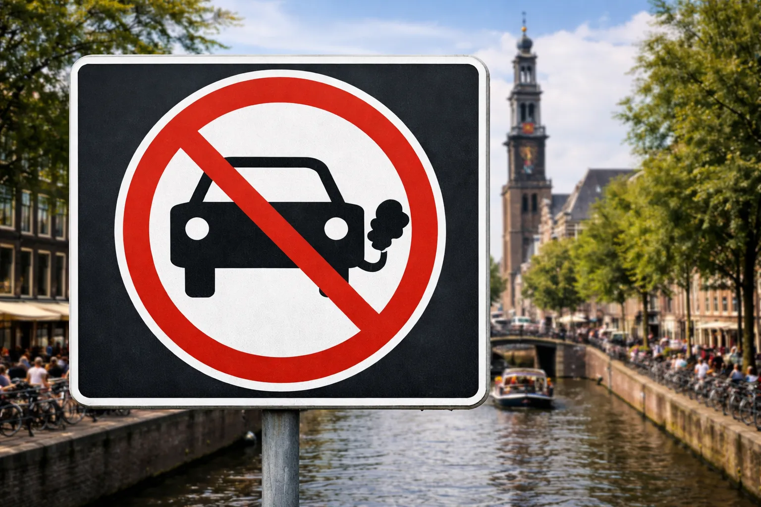 cartello stop auto termiche ad amsterdam sfondo canali