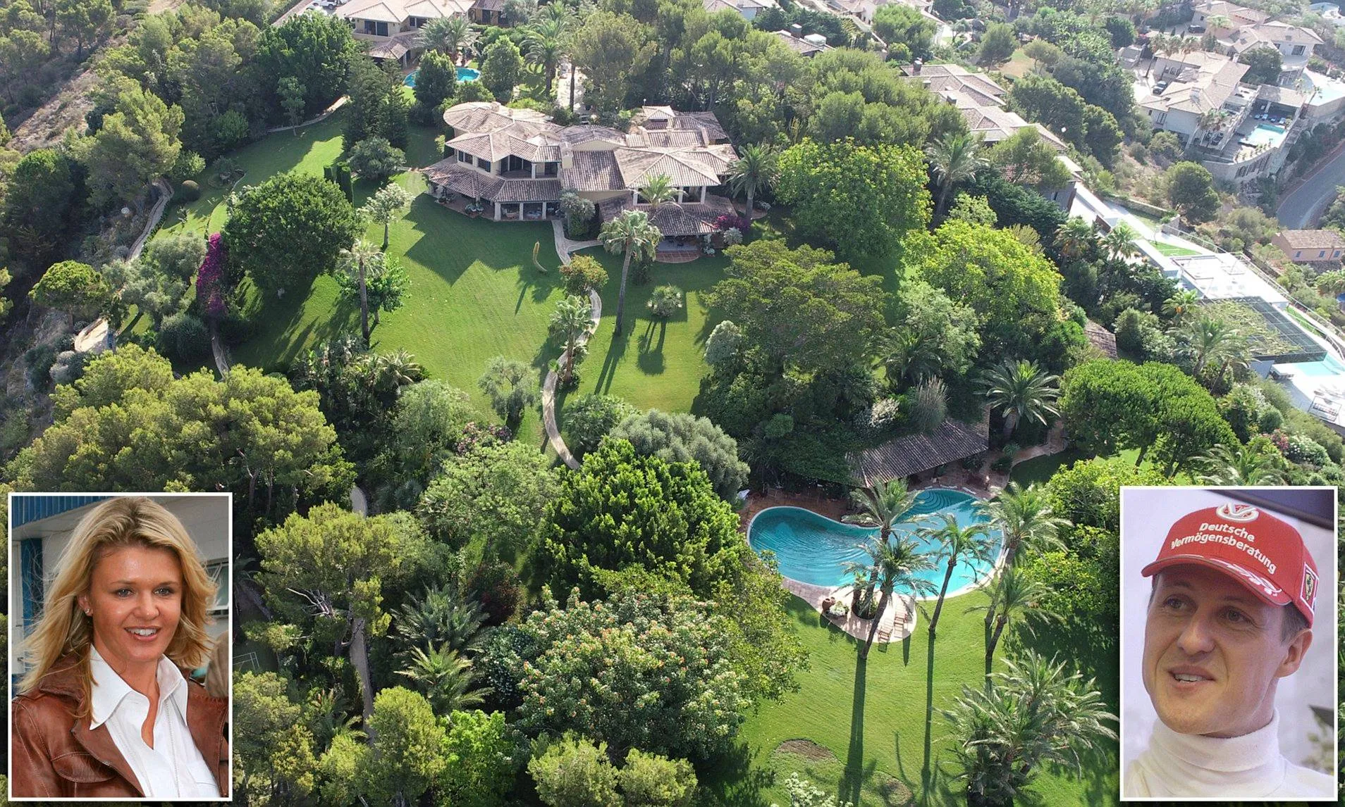 Immagine della Villa di Michael Schumacher a Maiorca in Spagna. Due riquadri con la moglie di schumacher Corinna e il pilota tedesco