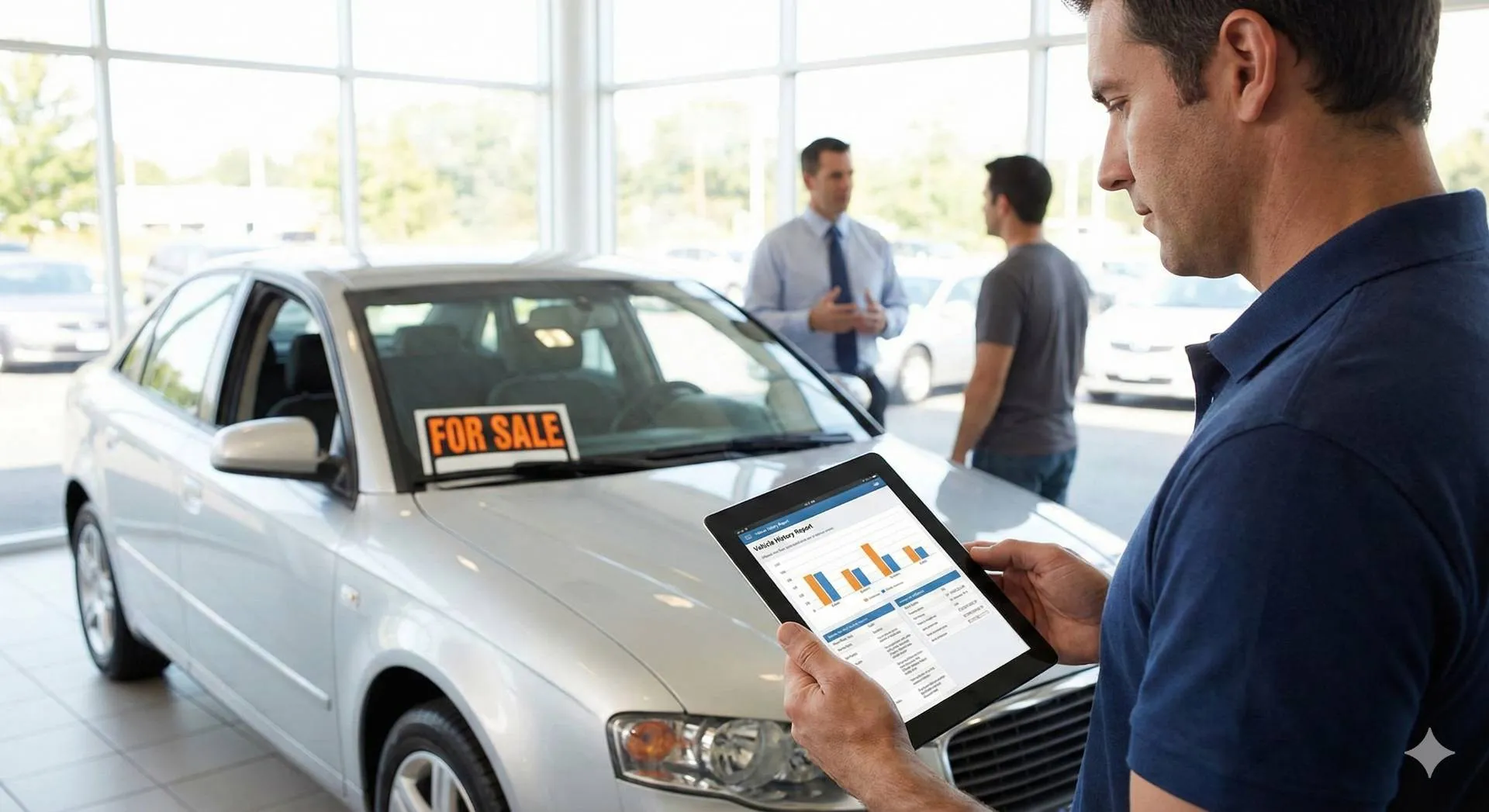 Acquirente controlla la visura auto online su tablet in concessionario prima dell'acquisto