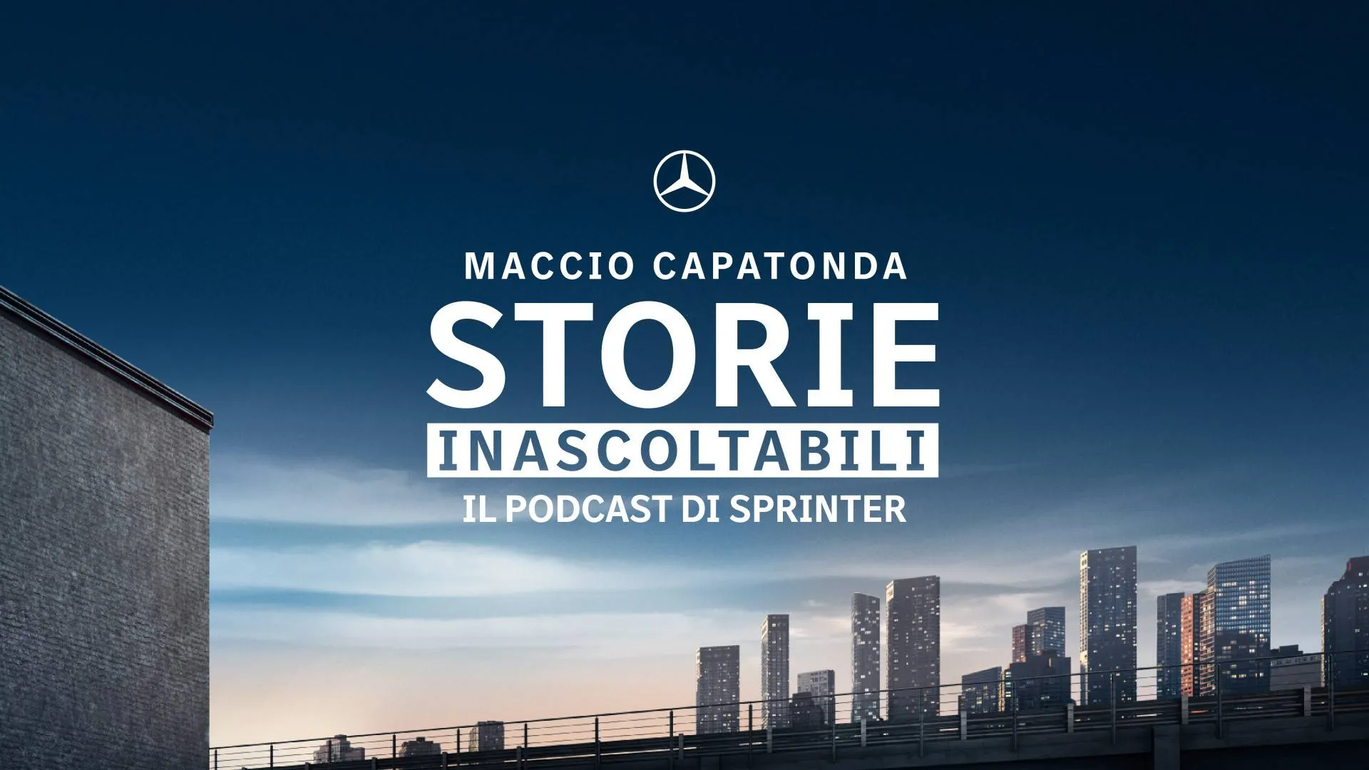 immagine che riporta il logo mercedes e una scritta che dice che Maccio captonda nel podcast con mercedes benz sprinter