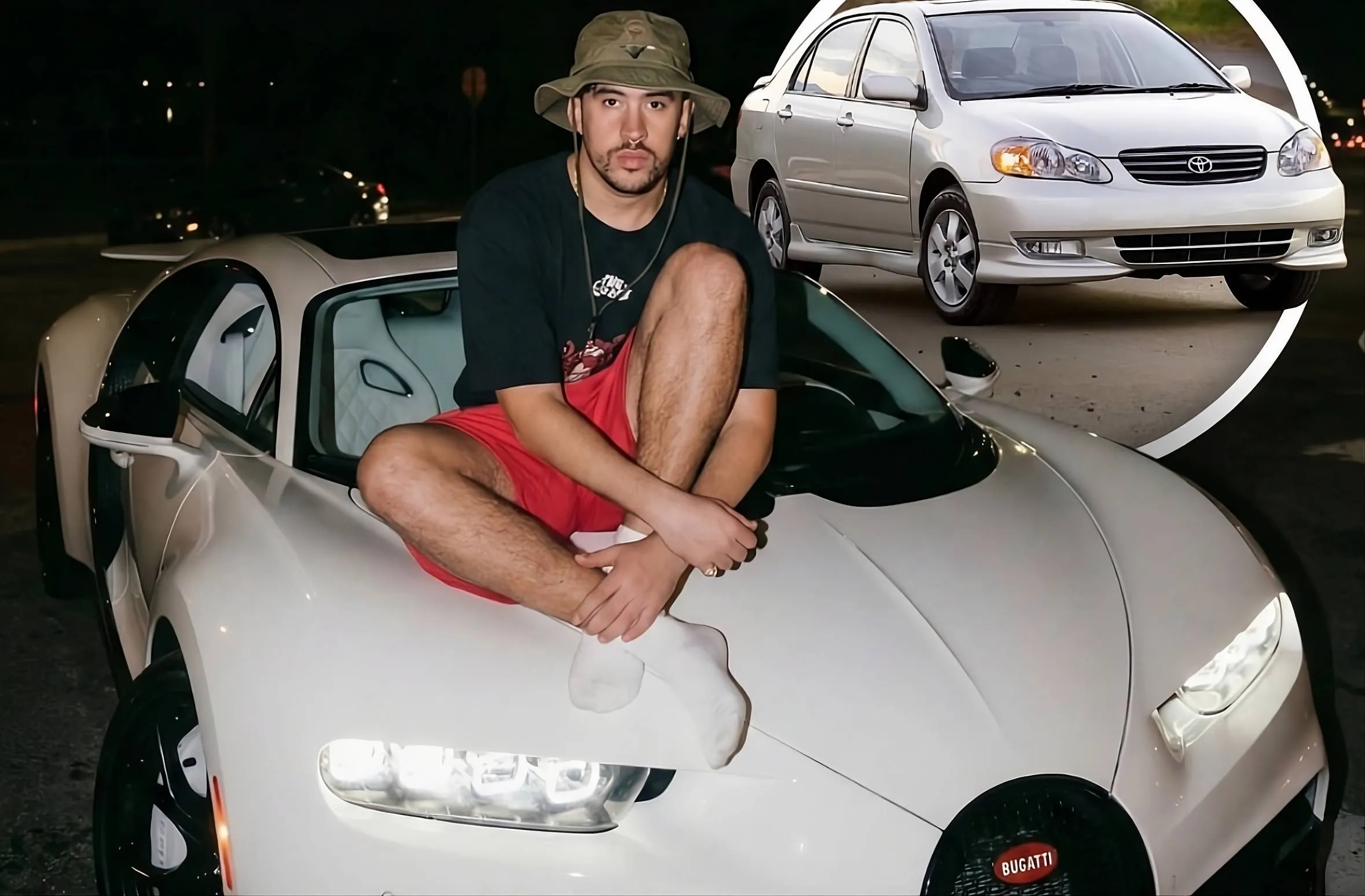 bad bunny sopra la sua bugatti bianca. in un tondo in alto a destra la toota corolla che ha acquistato dopo aver venduto la bugatti