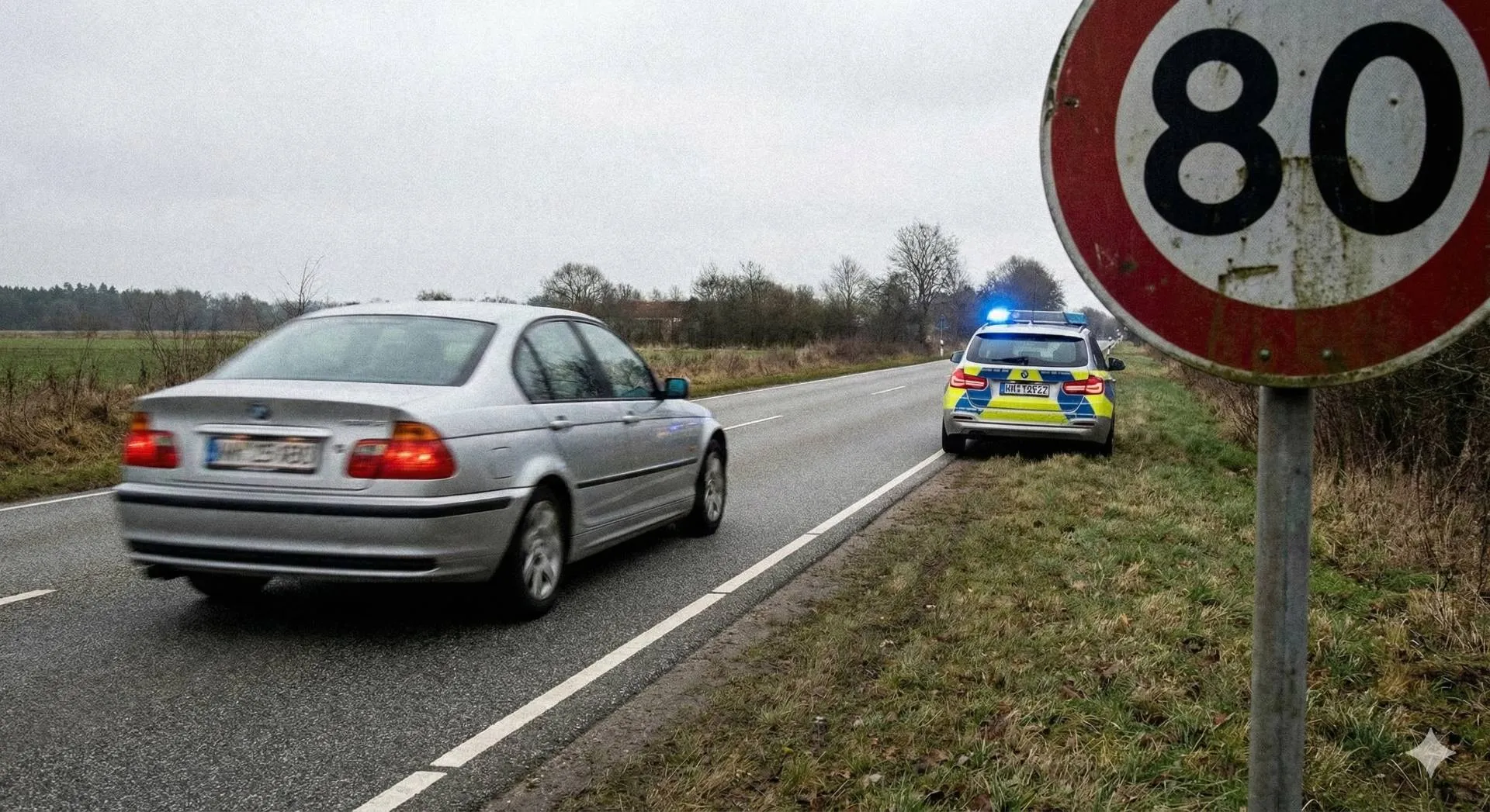 Una berlina BMW grigia sfreccia su una strada bagnata superando un'auto della polizia ferma con i lampeggianti blu accesi. Cartello 80 km/h a destra