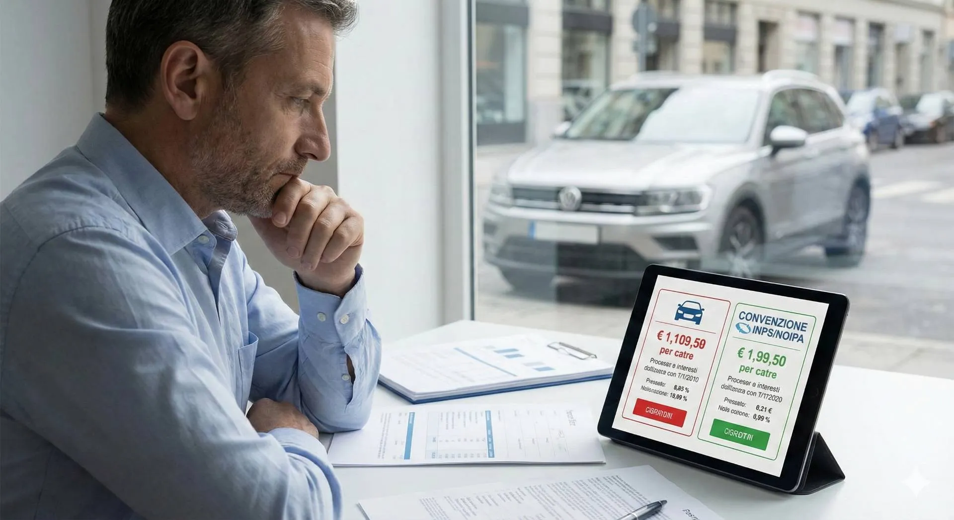 Un uomo pensieroso analizza su un tablet il confronto tra un costoso finanziamento auto tradizionale e un prestito agevolato in convenzione INPS/NoiPA, con un'auto nuova visibile attraverso una finestra sullo sfondo.