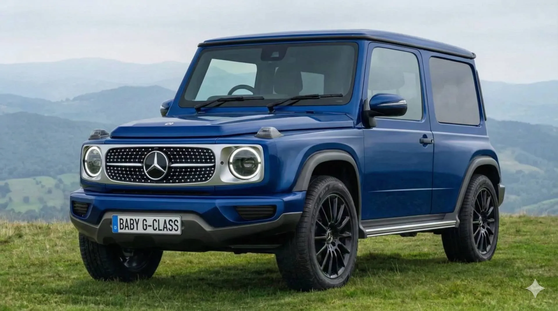 Render della Mercedes Baby Classe G dii colore blu parcheggiata di tre quarti anteriore su un prato
