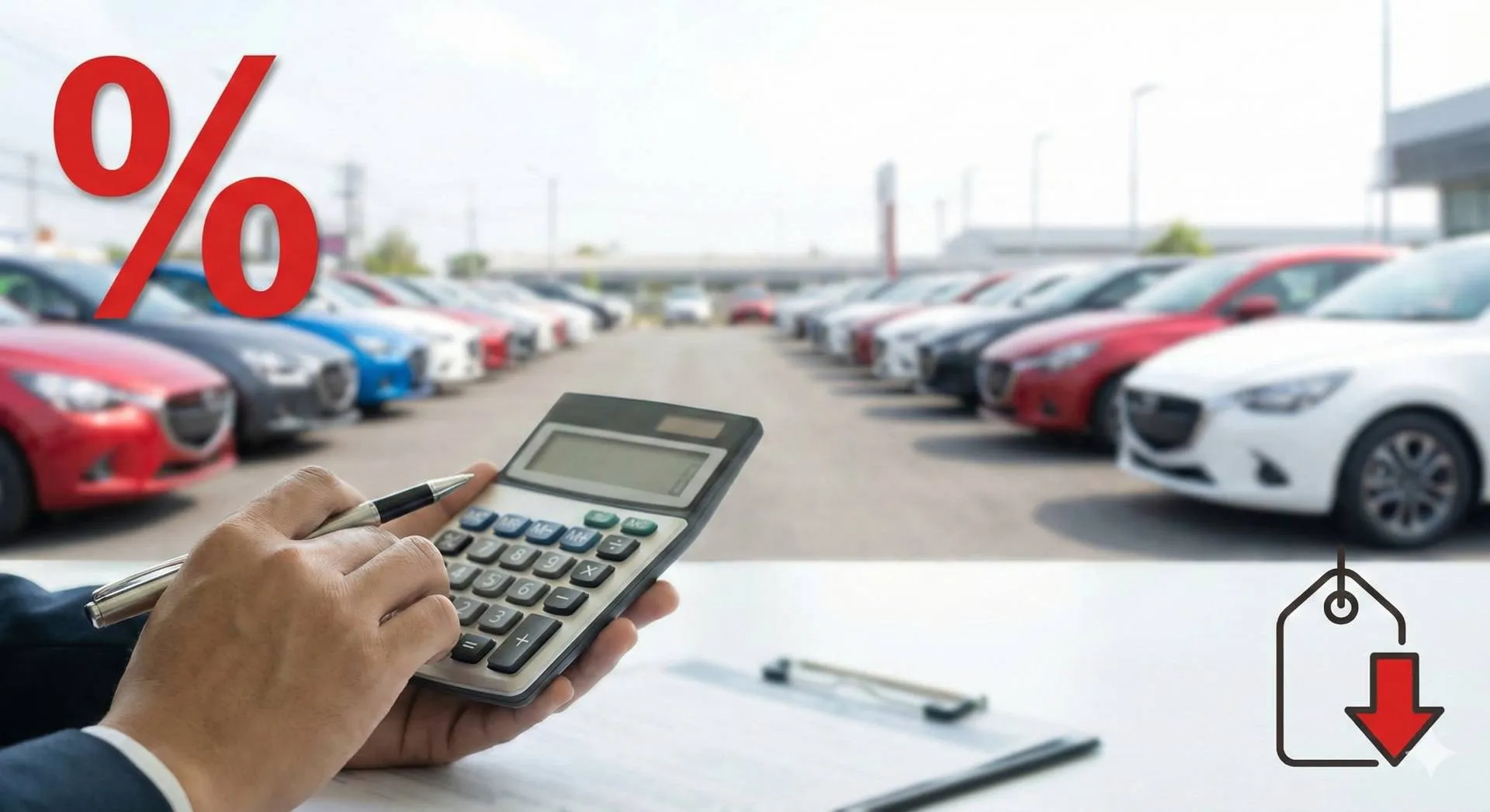 Dettaglio di mani che utilizzano una calcolatrice per valutare un preventivo, con sfondo sfocato di auto nuove in concessionaria; immagine rappresentativa delle promozioni e degli sconti auto di febbraio 2026