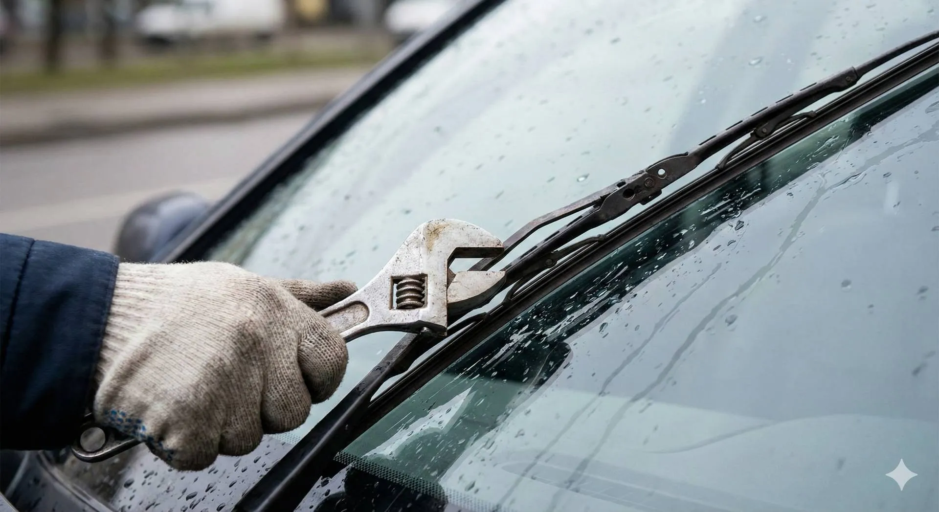 Primo piano di una mano con guanto da lavoro che utilizza una chiave a rullino per regolare delicatamente l'angolazione del braccio metallico del tergicristallo su un parabrezza bagnato dalla pioggia