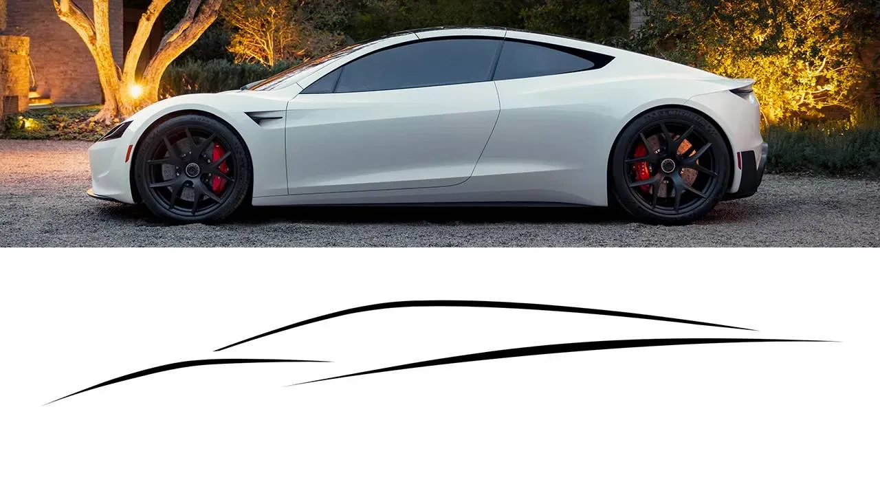 foto divisa in due sotto logo roadster della tesla brevettato e sopra il render della tesla roadster del futuro di colore bianco