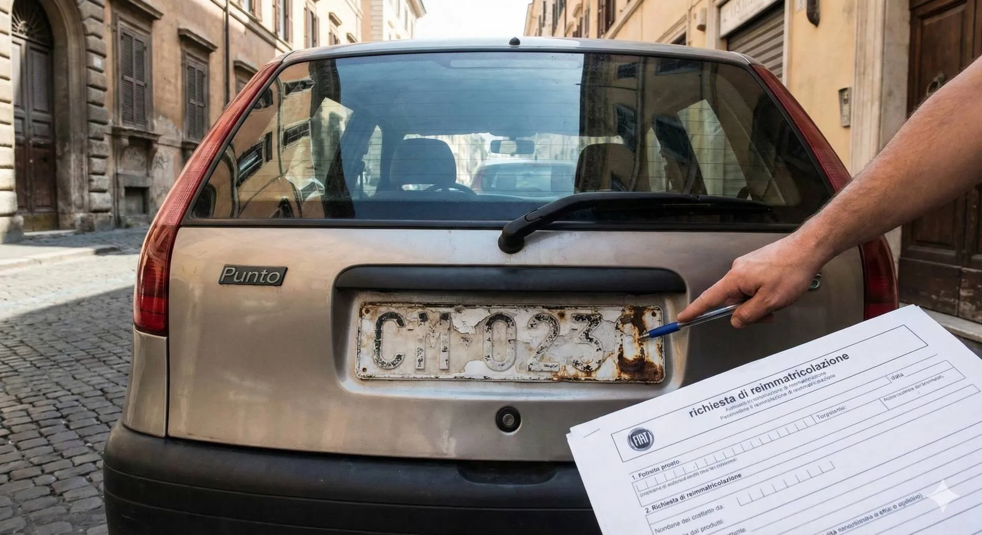 Dettaglio posteriore di un'auto usata con targa deteriorata e sbiadita; una mano indica i numeri illeggibili tenendo un modulo per la richiesta di reimmatricolazione