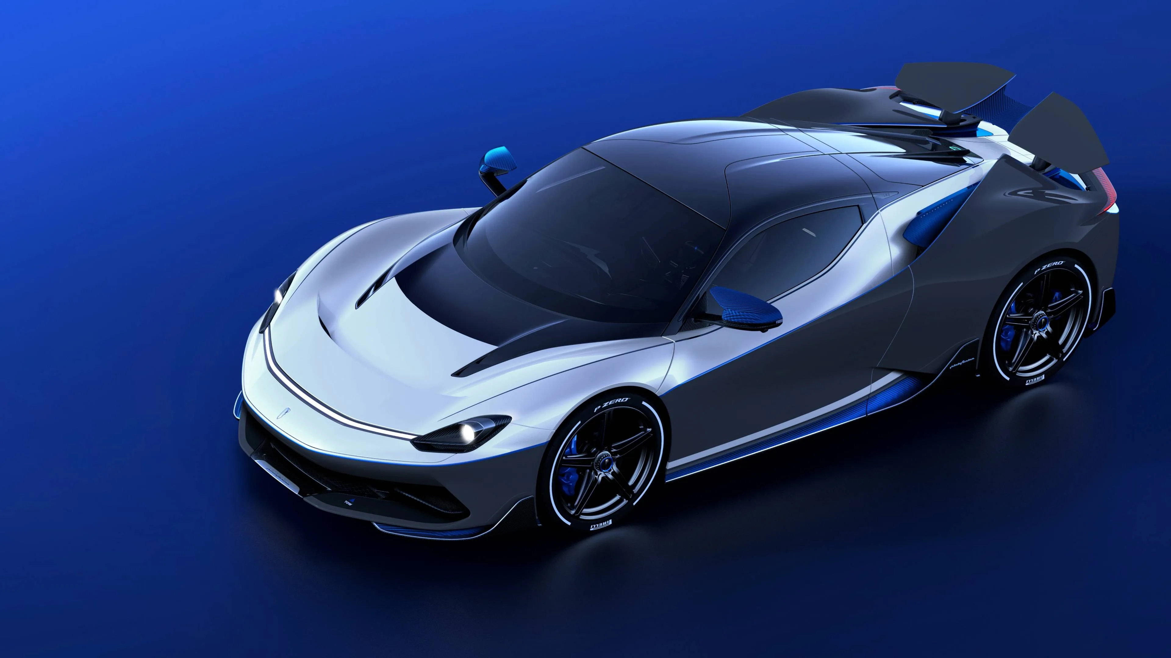 Automobili Pininfarina Battista esterno vettura anteriore laterale con sfondo blu