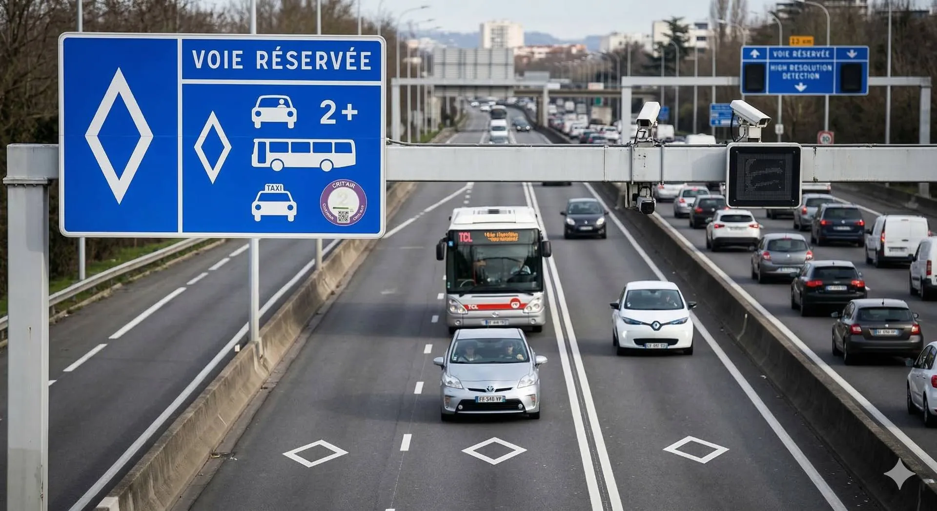 un'autostrada trafficata con un grande cartello stradale blu sospeso che mostra il simbolo di un rombo bianco. Il pannello indica che la corsia di sinistra è riservata ai veicoli ad alta occupazione (HOV)