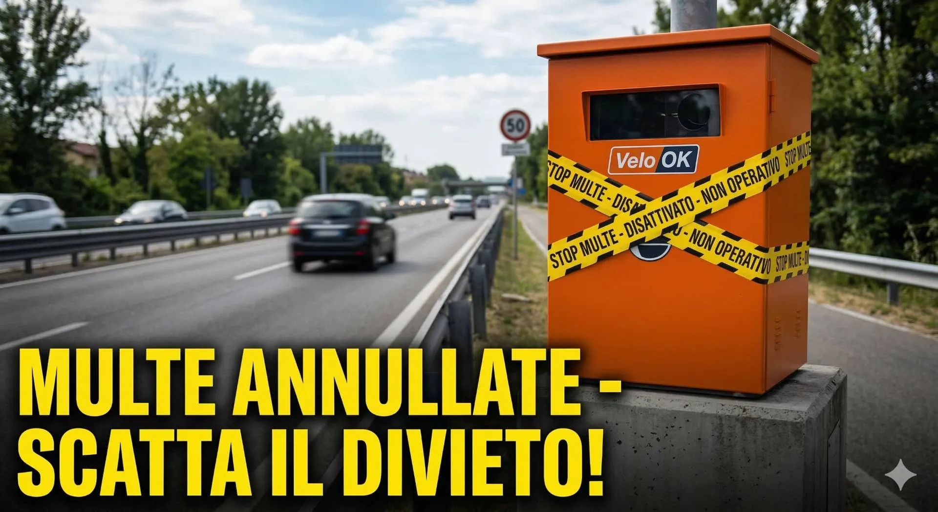 Una foto giornalistica a livello della strada che mostra un autovelox arancione [tipo "Velo OK"] a bordo di una strada italiana extraurbana durante il giorno.