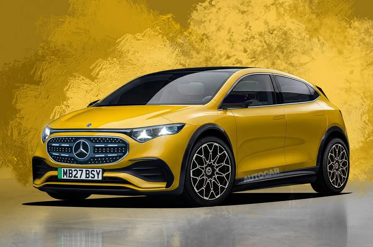 Nell'immagine si vede un render di Autocar della nuova Mercedes Classe-A davanti ad uno sfondo astratto.