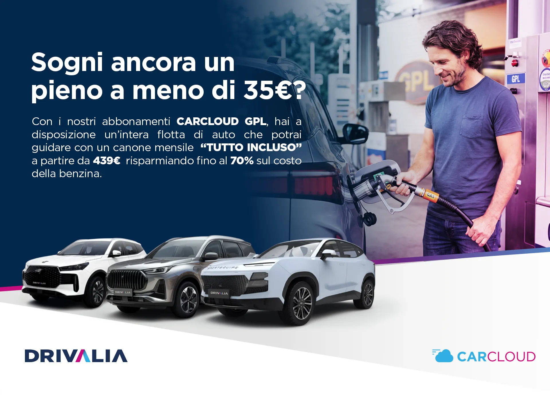 Immagine informativa del servizio drivalia carcloud che spiega l'offerta del suv gpl a noleggio