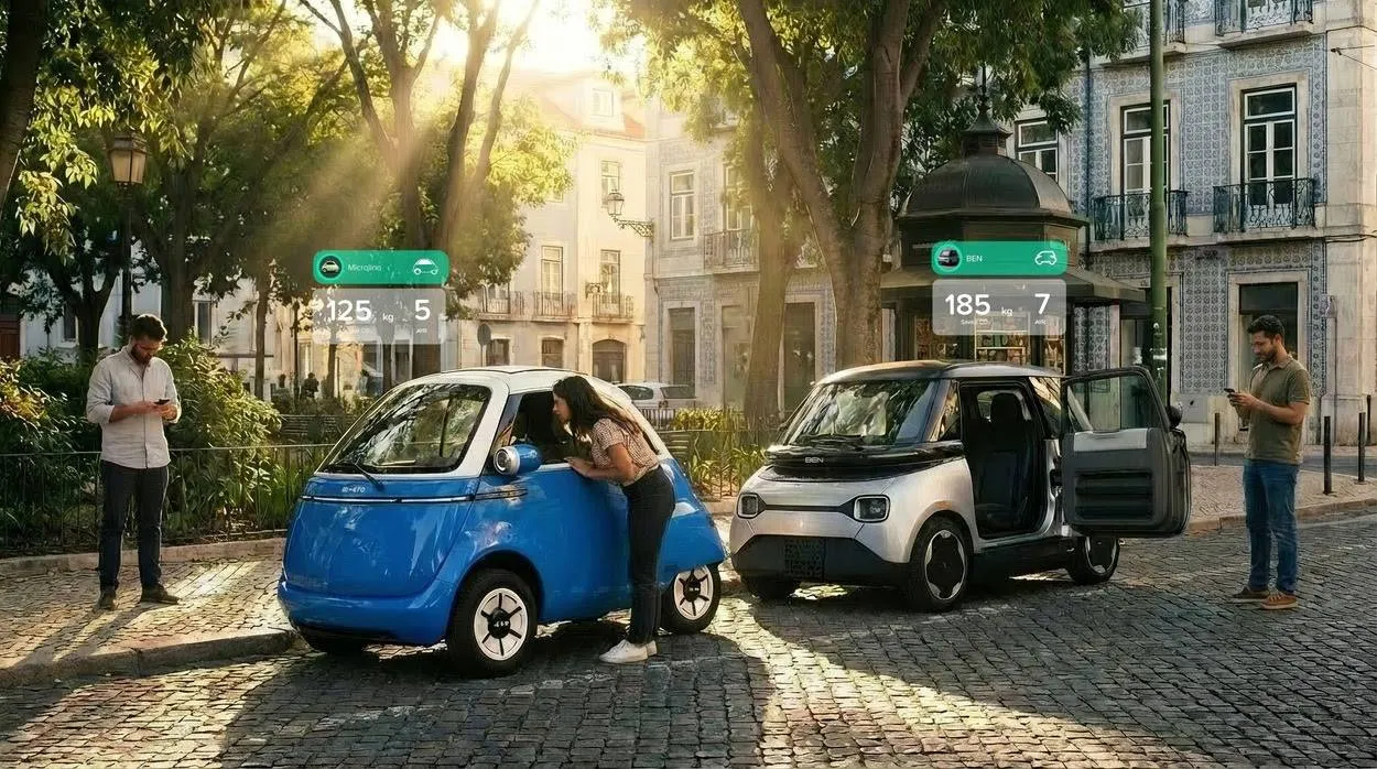 microlino e un'altra microcar dietro di lui sullo sfondo il tramonto