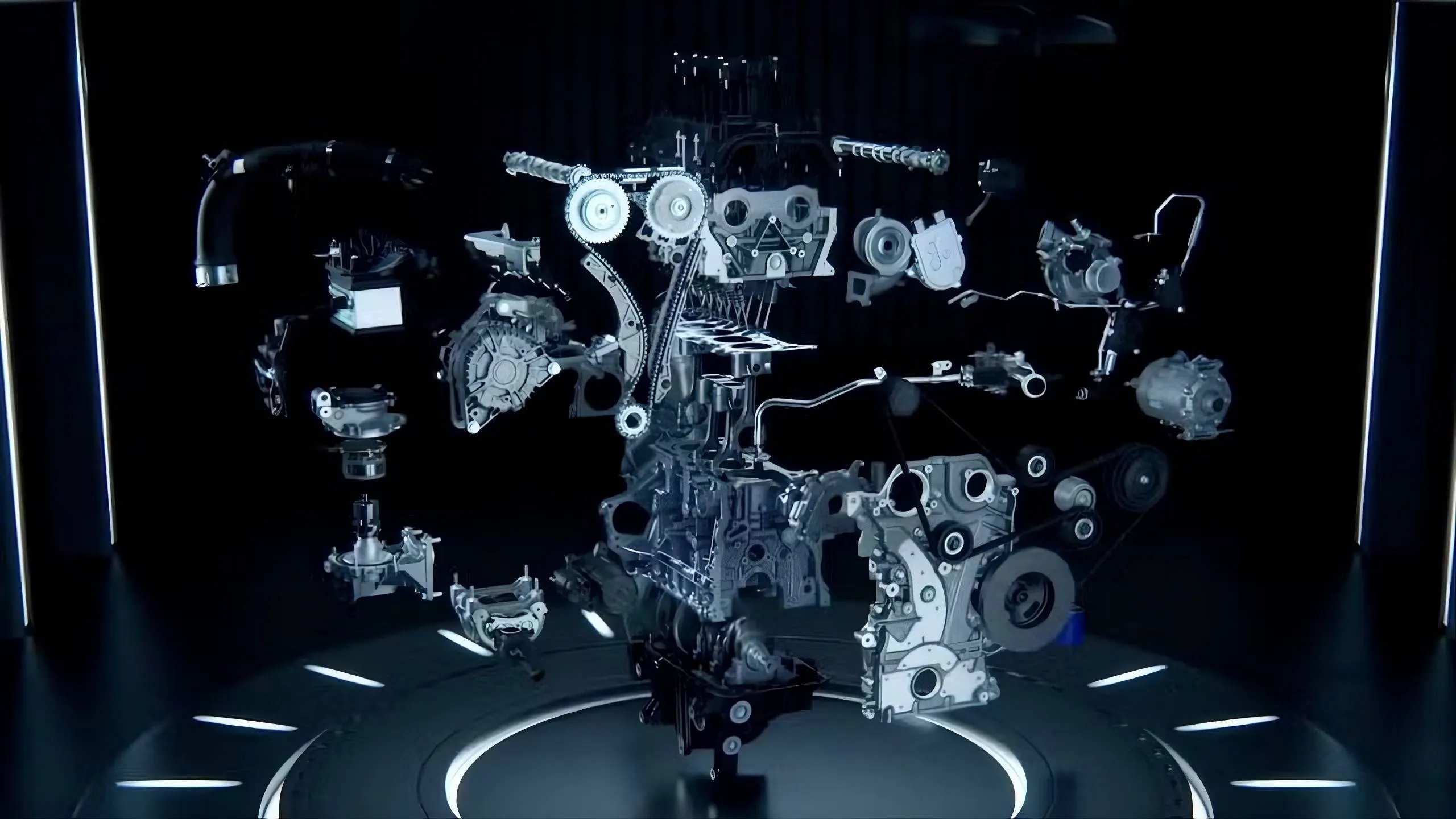 primo piano del motore hurricane 4 smontato con tutte le parti a vista su sfondo scuro