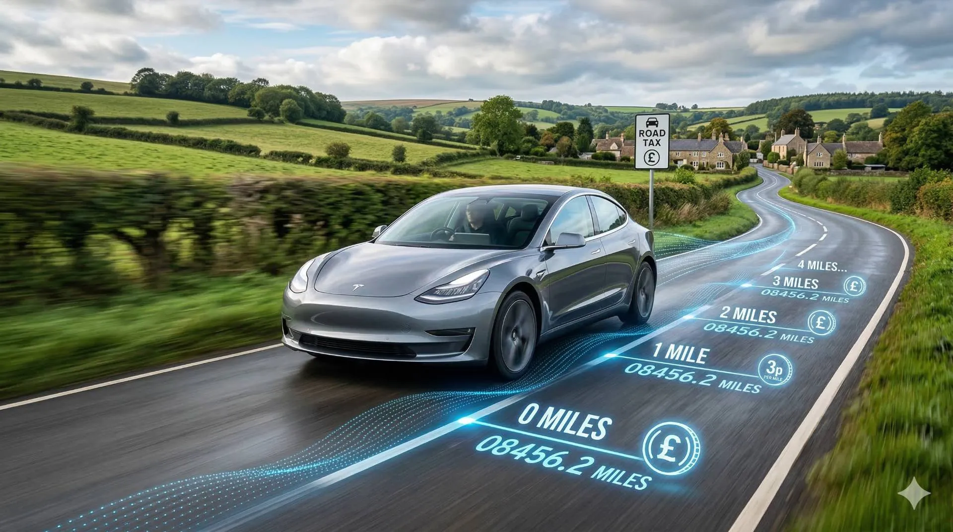 Auto elettrica in viaggio su una strada del Regno Unito, con grafica digitale sull'asfalto che conteggia le miglia e i costi in sterline, a illustrare il funzionamento della nuova tassa pay-per-mile