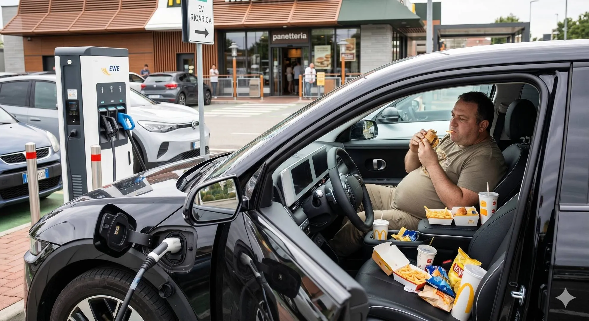 Un uomo sovrappeso mangia un hamburger in un'auto elettrica (Ioniq 5) piena di rifiuti di fast food, mentre è collegata a una colonnina di ricarica EWE Go. Sullo sfondo, un cartello 'EV RICARICA' a un parcheggio McDonald's.