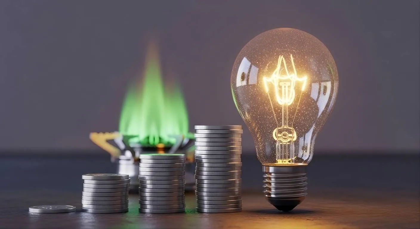 immagine che ritrae una lampadina accesa, monete e il gas di un fornello acceso
