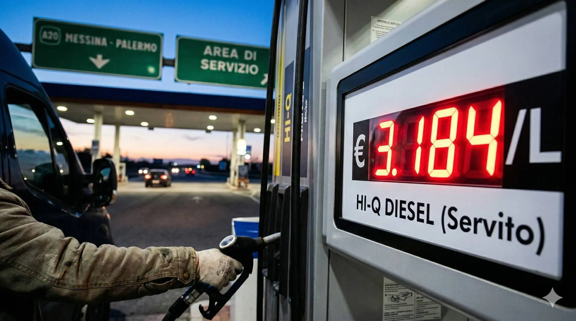 una scena realistica che mette in evidenza il prezzo record di € 3.184/L visualizzato direttamente sulla pompa di benzina, con i cartelli autostradali della A20 Messina-Palermo a fare da sfondo