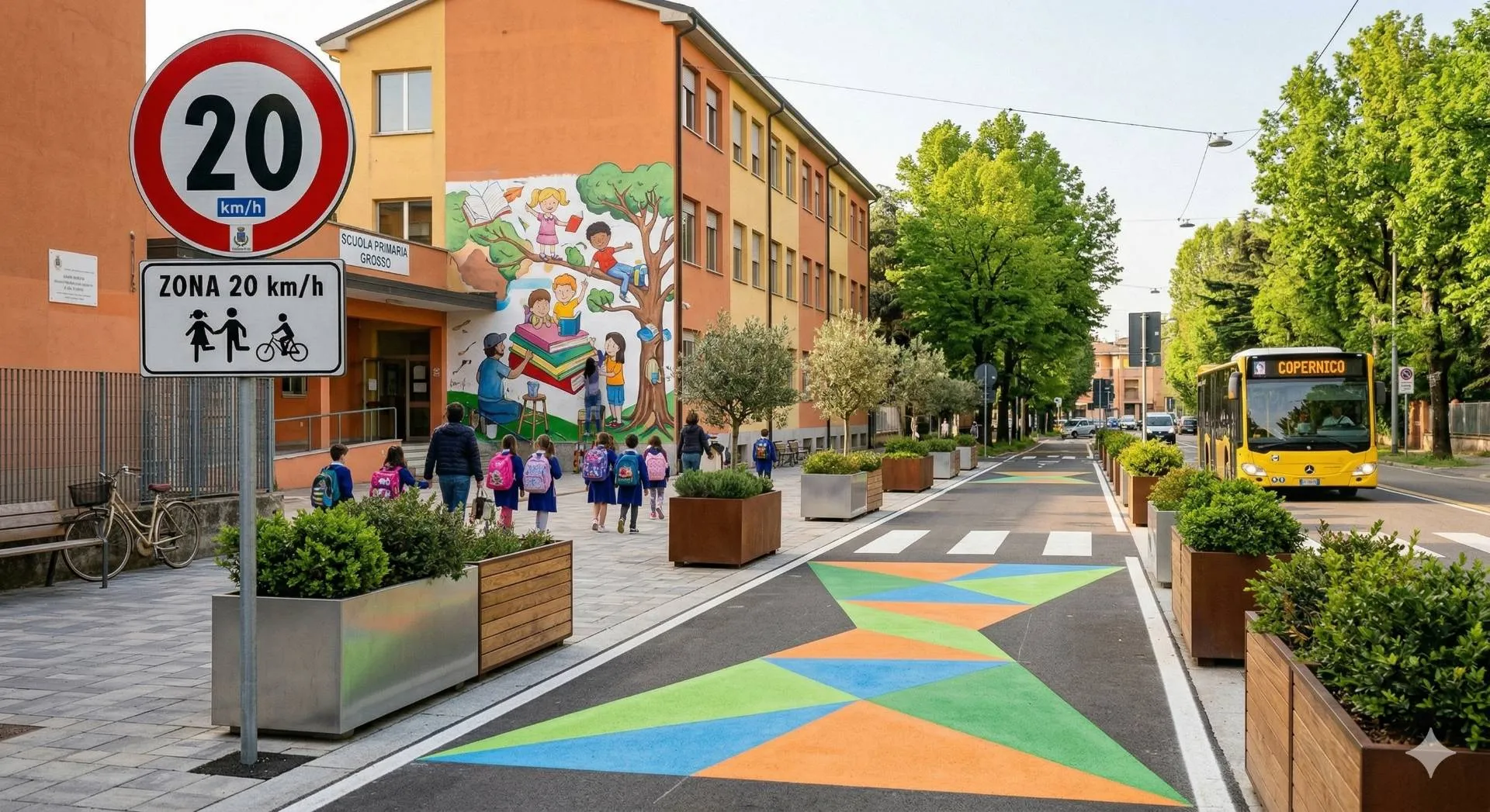 Veduta della strada antistante la Scuola Primaria Grosso a Bologna, trasformata in una "Zona 20". In primo piano a sinistra, svettano i cartelli stradali che indicano il limite di velocità di 20 km/h e l'inizio della zona residenziale/scolastica.