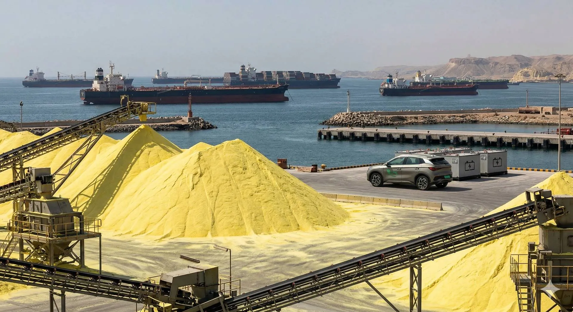 Cumuli di zolfo e un SUV elettrico in un porto internazionale con navi congestionate, simbolo delle tensioni nella catena di approvvigionamento globale e nello Stretto di Hormuz.