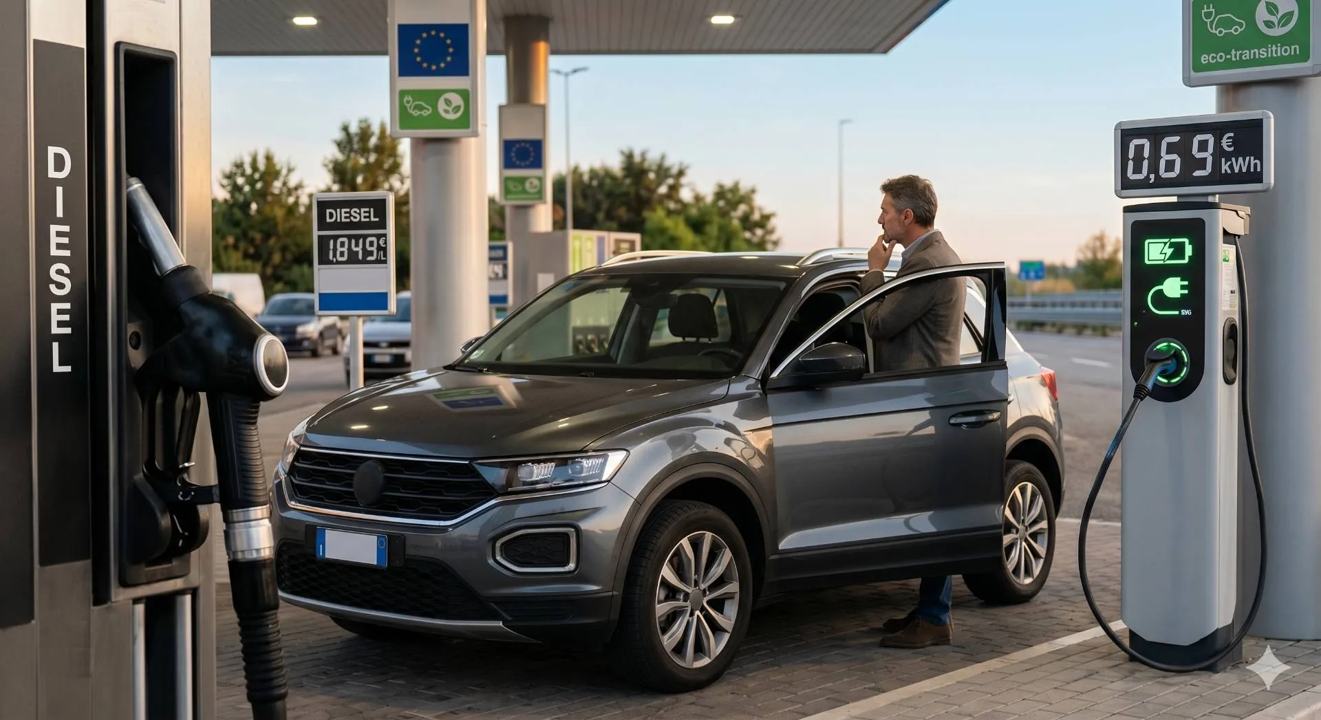 Un automobilista accanto alla propria auto in una stazione di servizio, idealmente diviso tra una pompa di carburante con la scritta DIESEL in evidenza sulla sinistra e una colonnina di ricarica elettrica per vetture ibride e plug-in sulla destra.