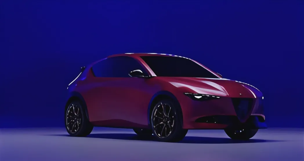 Nuova Alfa Romeo di segmento B compatta di colore rosso, il render ufficiale dai piani Investor Day