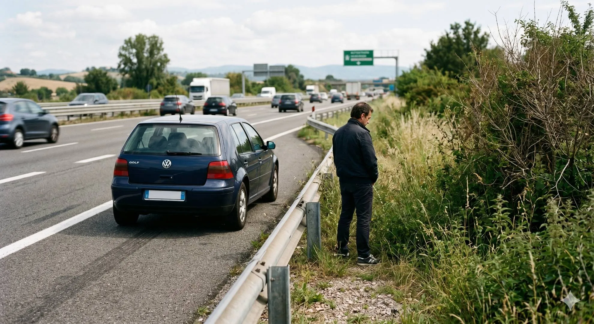 uomo che fa pipi a bordo strada in autostrada