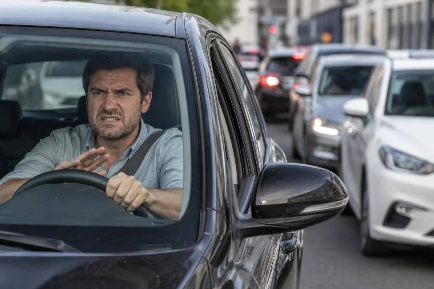 automobilista arrabbiato al volante di una vettura che sta suonando il clacson