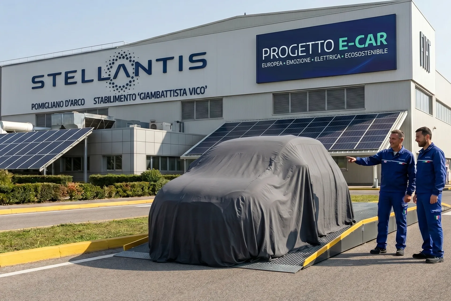 la nuova e-car prodotta a pomigliano d'arco coperta da un telo e con lo sfondo dello stabilimento