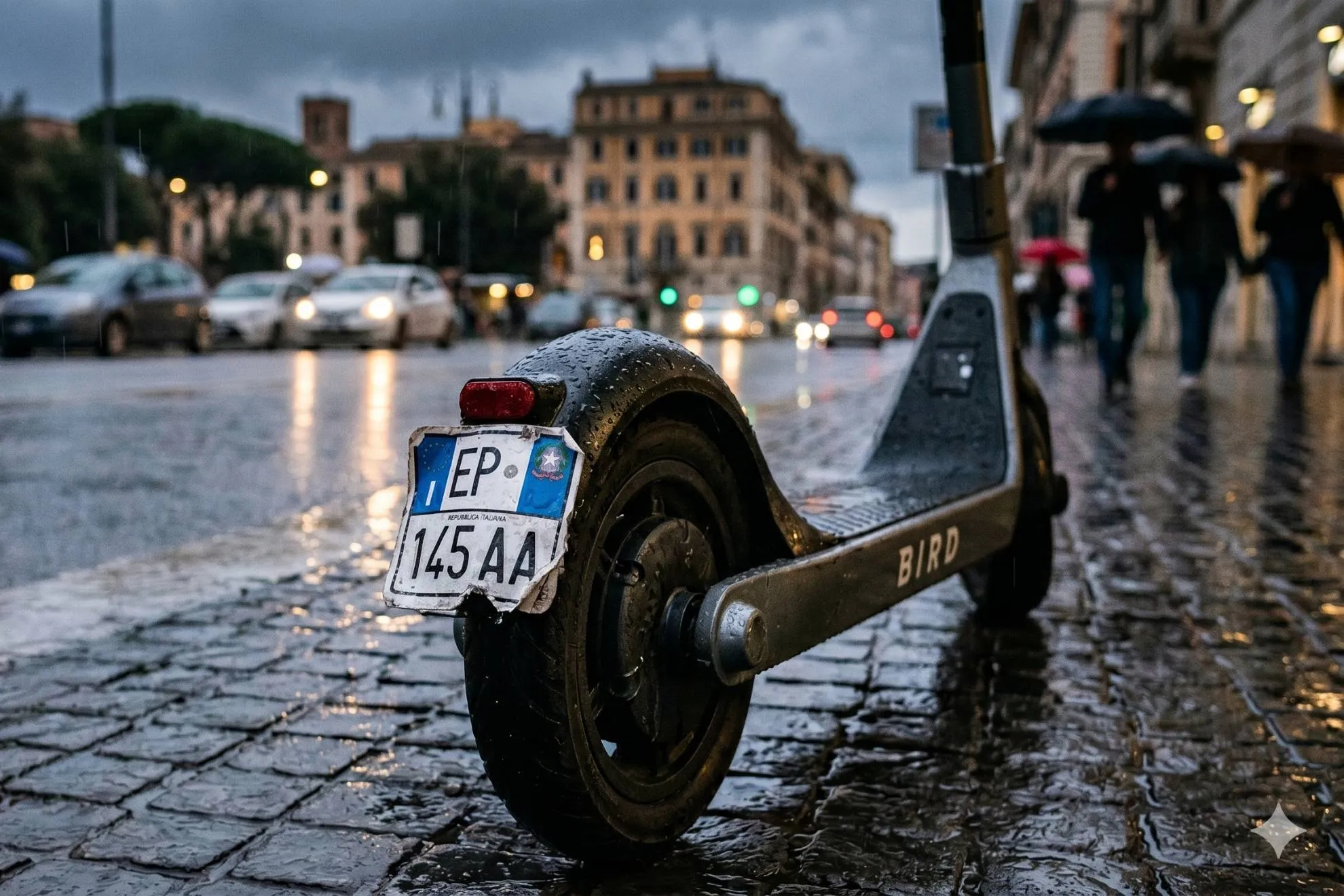 targa-monopattino bagnata creato con l'IA