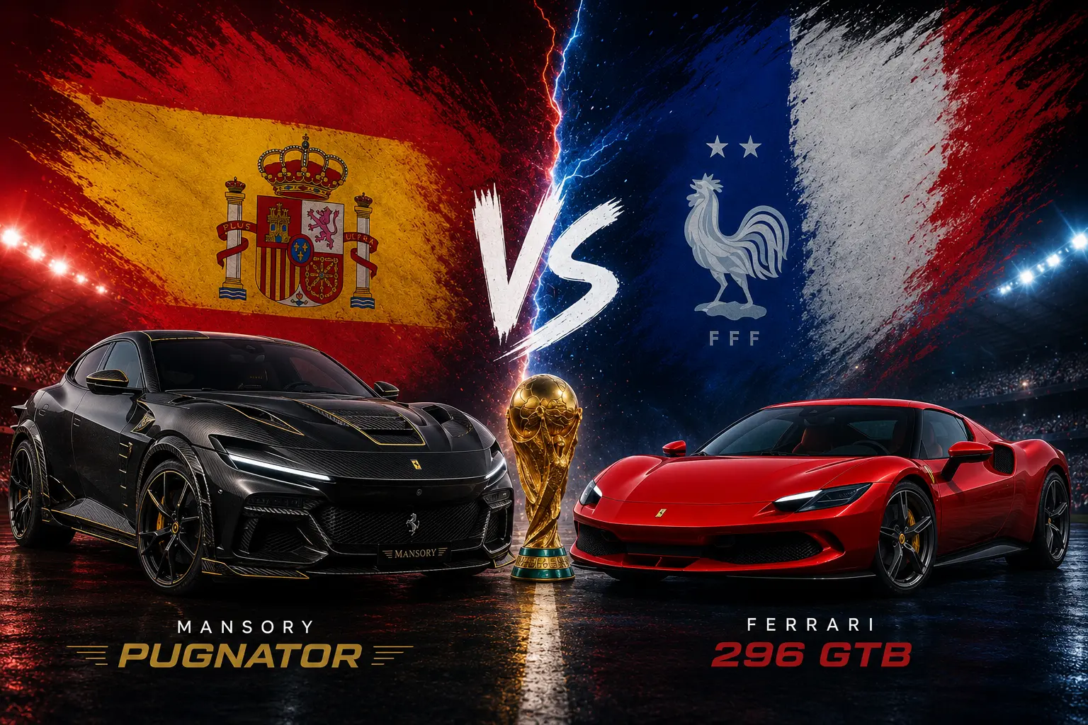Nell'immagine generata da ChatGPT si vedono una Ferrari Pugnator a sinistra e a destra una Ferrari 296 GTB. Sullo sfondo la bandiera spagnola e quella francese