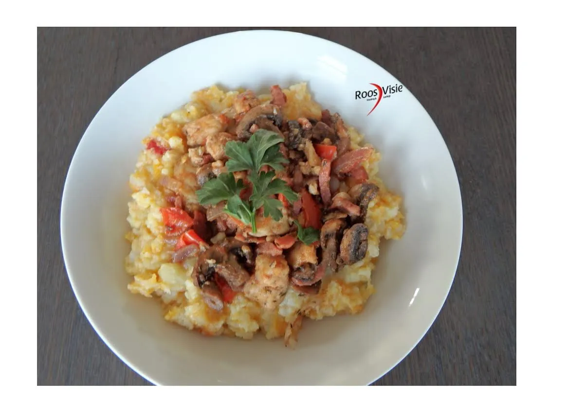 bloemkool pompoen en aardappelstamp met baconreepjes en vis