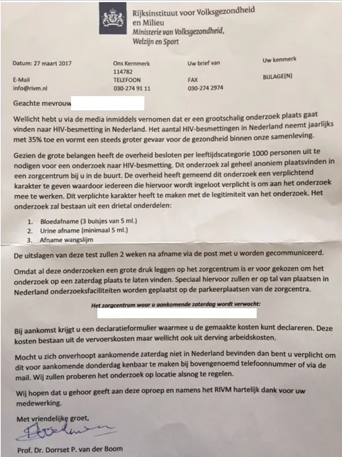 nepbrief namens rivm met oproep hivtest