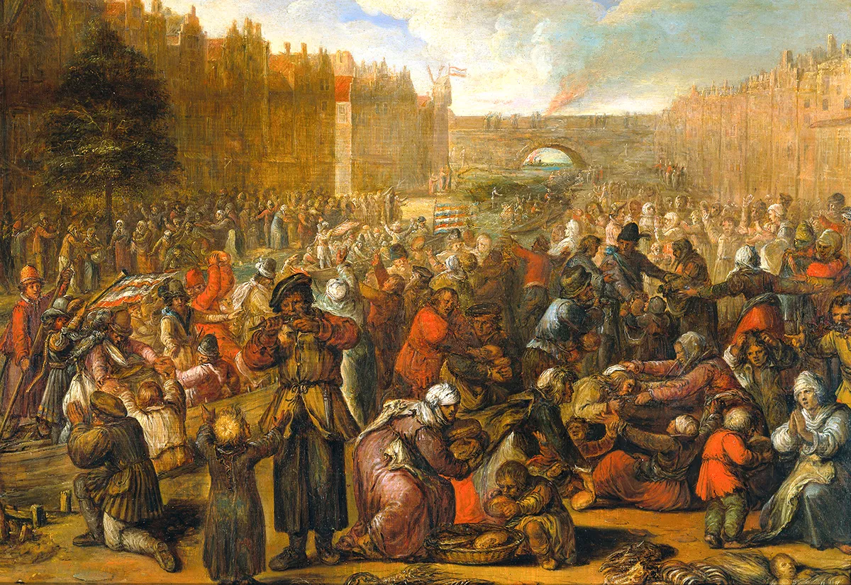 de uitdeling van haring en wittebrood na de opheffing van het beleg van leiden 3 oktober 1574 rijksmuseum sk a 3911