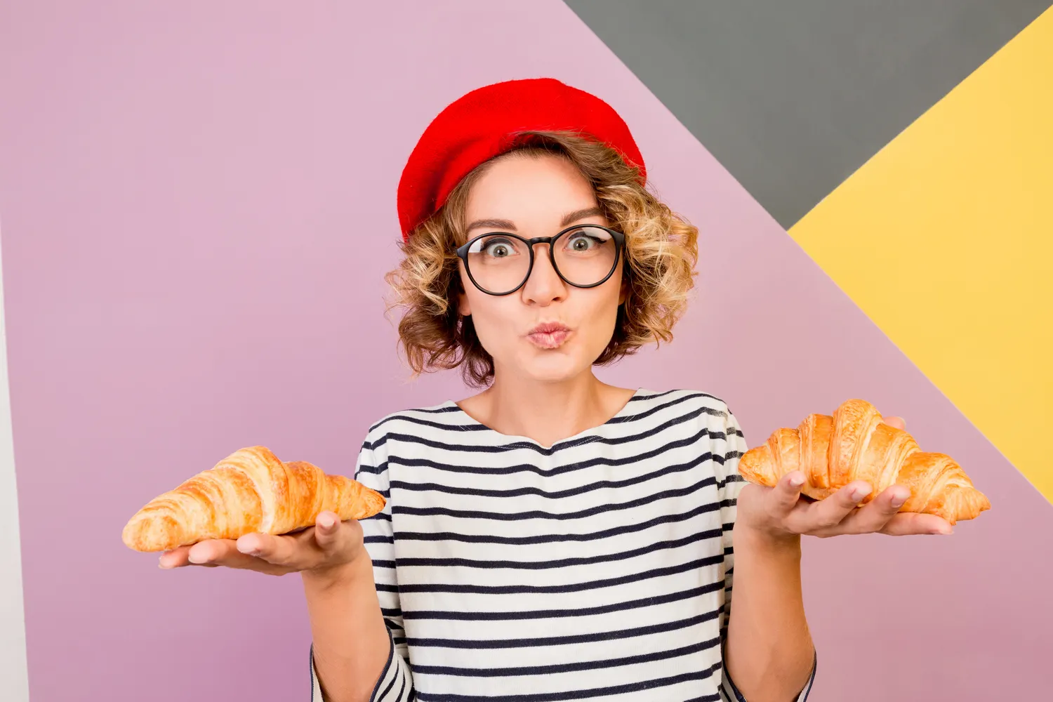 dreamy cute lady red beret holding big tasty croissants hands